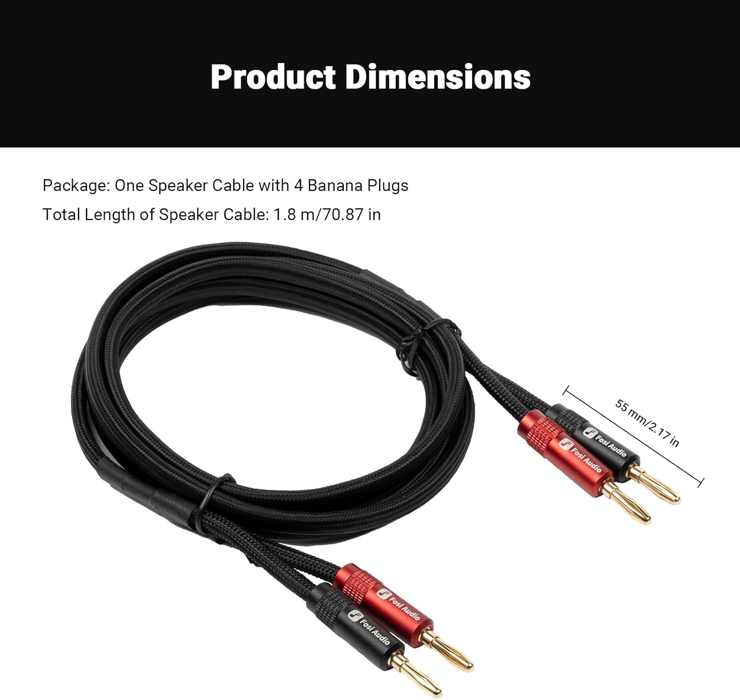 Fosi Audio 14AWG 編組スピーカーケーブル 1.8m ケーブル1本 バナナプラグ4個入り