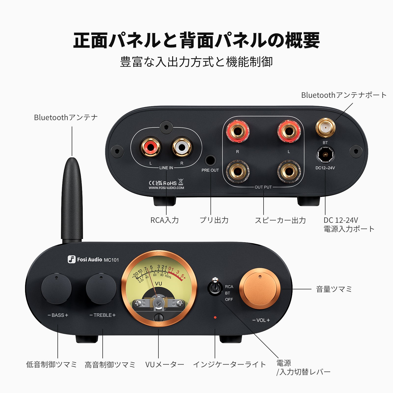 Fosi Audio MC101 VUメーター付き Bluetooth ステレオアンプ 100W×2