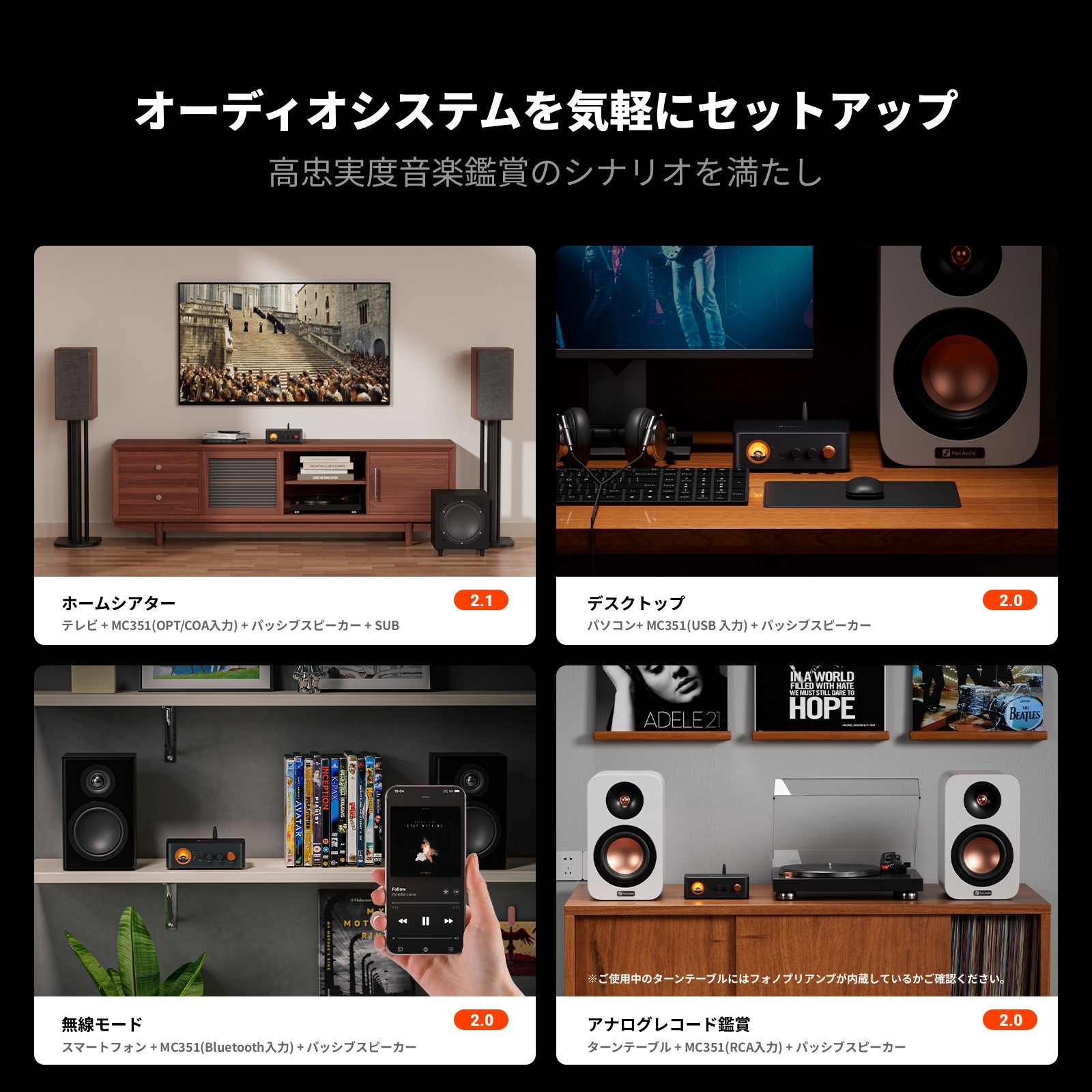 Fosi Audio MC351 VUメーターアンプ 2.1チャンネル