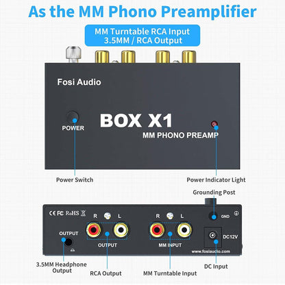 Fosi Audio BOX X1-MM Phono Preamp MM Turntable Preamplifer With 3.5mm AUX Headphone Output